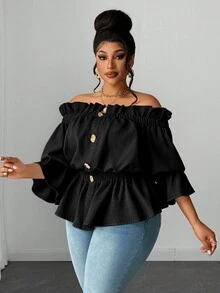 Maweii Plus Size Women Solid Color Off Shoulder Frill Trim Metal Design Blouse Fall - Black - View 8