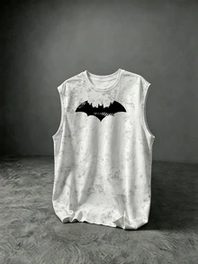 BATMAN X SHEIN Gym Rark ملابس علوية رياضي بدون أكمام برقبة دائرية بطبعة خفافيش للرجال، للجيم - أبيض - مشاهدة 1
