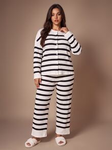 Lazeform Ultra Soft Ribbed Plus Size Pajama Set Button Striped Casual Loungewear - Black and White - View 5