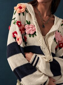 Bohemela 復古撞色刺繡針織帽領毛衣開襟衫 - 杏色 - 查看 2
