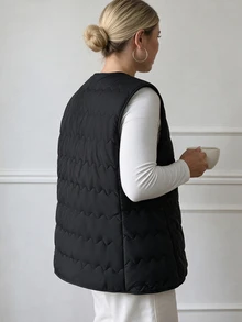 Easura Plus Button Front Vest Onion Quilted Winter Coat - Black - View 2