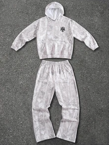 SHEIN Set Hoodie dan Celana Olahraga Anak Laki-Laki Remaja dengan Motif Huruf Pohon dan Bahu Longgar - Grey - View 2