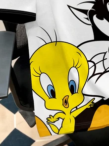 Manfinity LOONEY TUNES X SHEIN 男士字母卡通印花圓領休閒短袖T恤，適合日常休閒穿著 - 白色 - 查看 4