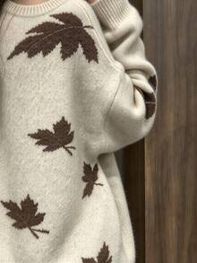 Bytebia Bytebia Maple Leaf Pattern Drop Shoulder Sweater - Apricot - View 3