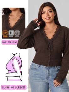 Solflare Plus Lace Trim Button Front Cardigan - Brown - View 1