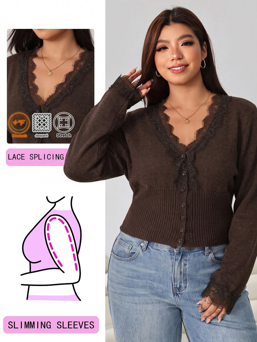 Solflare Plus Lace Trim Button Front Cardigan - Brown - View 1