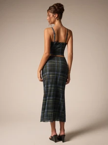 Athîral Plaid Print Bustier Crop Cami Top & Low Waist Skirt Set - Army Green - View 2