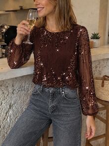 Serisse 女款棕色亮片露背綁帶上衣，透視長袖派對上衣，適合假期、晚宴與外出，聖誕時尚百搭款 - 棕色 - 查看 5