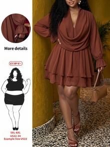 SHEIN CURVE+ Plus Size Women Solid Color Pleated Fashion Party Dress Fall - Black - View 1