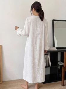 DAZY Winter Spring Sweet Solid Color 100% Pure Cotton Ruffle V-Neck Loose Long Sleeve Long Nightgown For Women - White - View 2