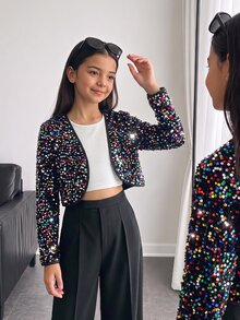 SHEIN 青少年女孩純色長袖亮片開襟夾克，秋冬款 - 黑色 - 查看 2
