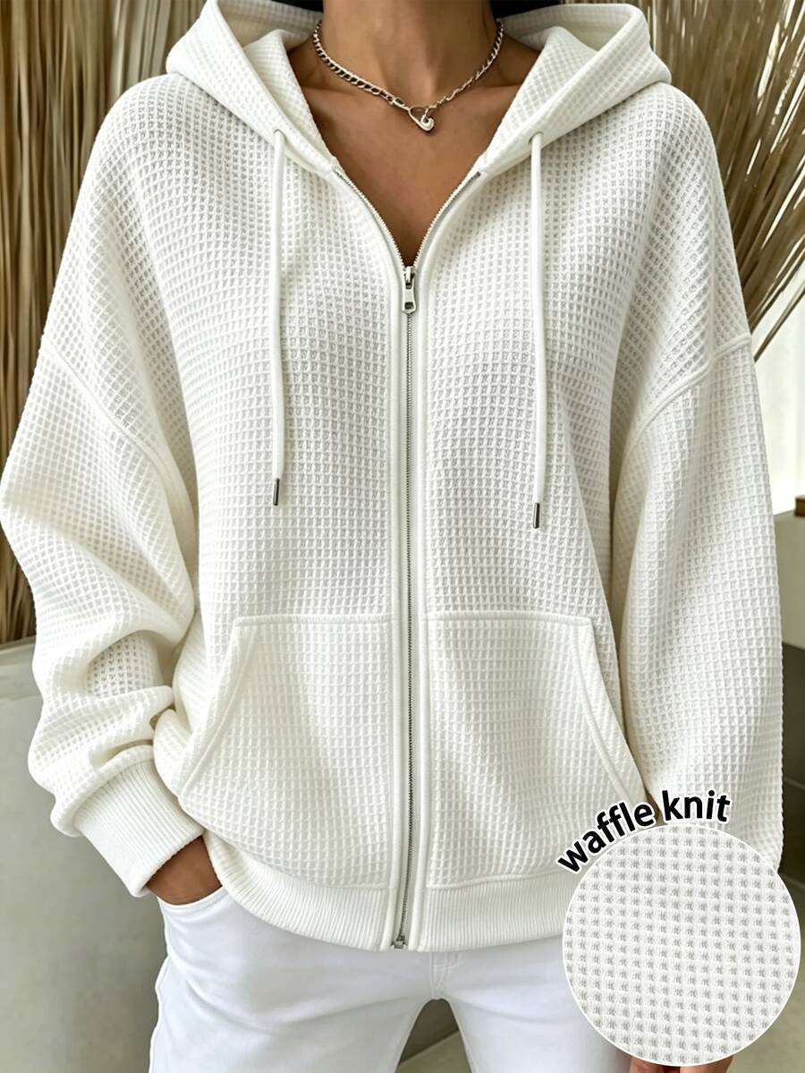 INAWLY Women's Solid Color Zipper Front Casual Drawstring Minimalist Versatile Sweatshirt - White - View 1
