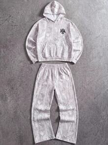 SHEIN Set Hoodie dan Celana Olahraga Anak Laki-Laki Remaja dengan Motif Huruf Pohon dan Bahu Longgar - Grey - View 3