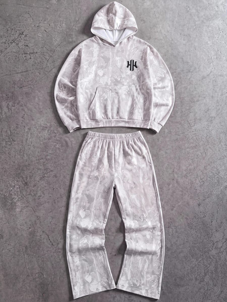 SHEIN Tween Boy Tree Letter Graphic Drop Shoulder Hoodie & Sweatpants Set - Grey - View 1