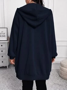 SHEIN LUNE 大尺碼女款連帽拉鍊長袖休閒運動衫，黑色拉鍊夾克 8XL 上衣，秋冬款 - 藏蓝色 - 查看 2