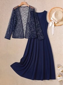 Rusticease Women's Solid Color Round Neck Dress And Cardigan Casual 2 Pieces Set - Multicolor - View 1
