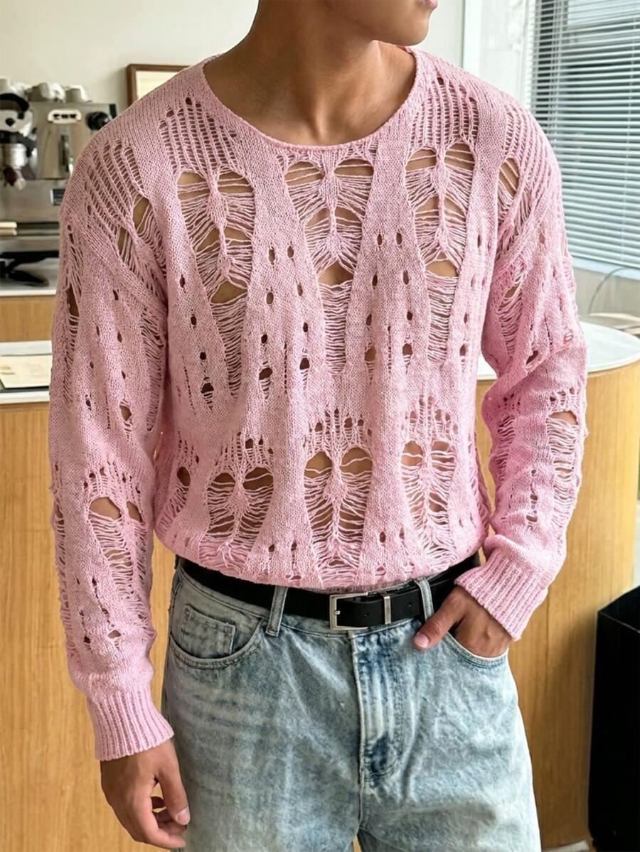 Claim Dot Men Solid Ripped Drop Shoulder Sweater, For Fall, Long Sleeve Top - Pink - View 1