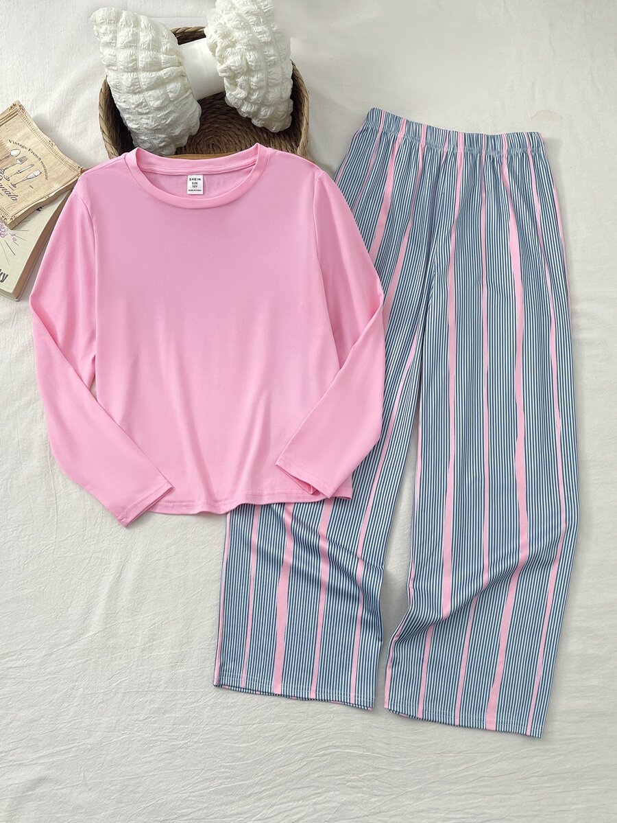 SHEIN 青少年女孩休閒日常百搭舒適寬鬆圓領居家服 - 粉色 - 查看 1