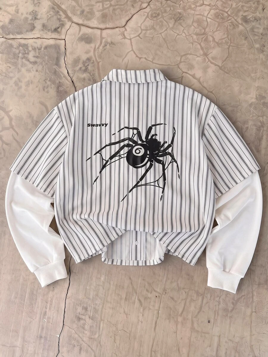 SWAVVY Men's Spider Pattern Faux Two-Piece Patchwork Casual Daily Wear Shirt - White - View 1