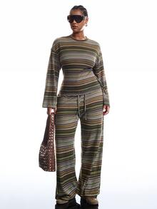 LYSMO Plus Size Women's Autumn/Winter Striped Long Sleeve Top And Pants Casual Daily 2 Pieces Set - Multicolor - View 3