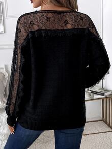 SHEIN Clasi 女款蕾絲飾邊拼接套頭毛衣/秋冬款 - 黑色 - 查看 2