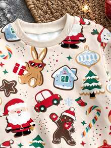 Infant Toddler Round Neck Casual Comfortable Set, Classic Christmas Element Pattern Print, Cute Christmas Reindeer Pattern Print, Classic Christmas Candy Pattern Print, Classic Christmas Gingerbread Man Pattern Print, Christmas Snowman Pattern Print, Classic Christmas Tree Pattern Print, Suitable For Autumn/Winter, Suitable For Christmas - Multicolor - View 5