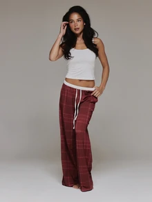 MUSERA Strappy Modal Cami Top With Elasticated Drawstring Waist Checkered Loose Fit Pajama Bottoms Set Winter Christmas Holiday Cute Sexy Christmas Check - Multicolor - View 1
