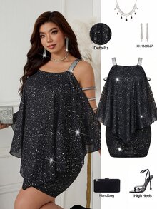 Femmeverse Plus Size Women's Knit Patchwork Chiffon Fitted Short Dress - Black - View 8