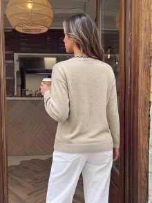 SHEIN LUNE Sweater Lengan Panjang Leher V Kasual untuk Wanita, Musim Gugur/Dingin - Aprikot - View 2