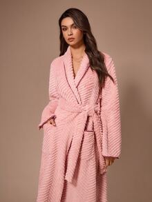 Lazeform Dual Pocket Shawl Collar Belted Flannel Lounge Robe - Pink - View 5