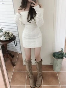 DAZY Solid Color Fitted Square Neck Long Sleeve Elegant Sexy Vacation Korean Style Spring Autumn Short Sweater Dress For Women - White - View 2