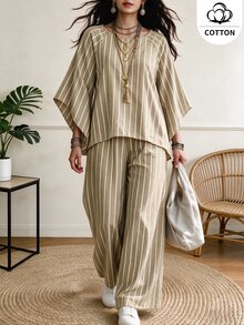 Ceyna Plus Striped Print Batwing Sleeve Top & Wide Leg Pants Set - Khaki - View 4
