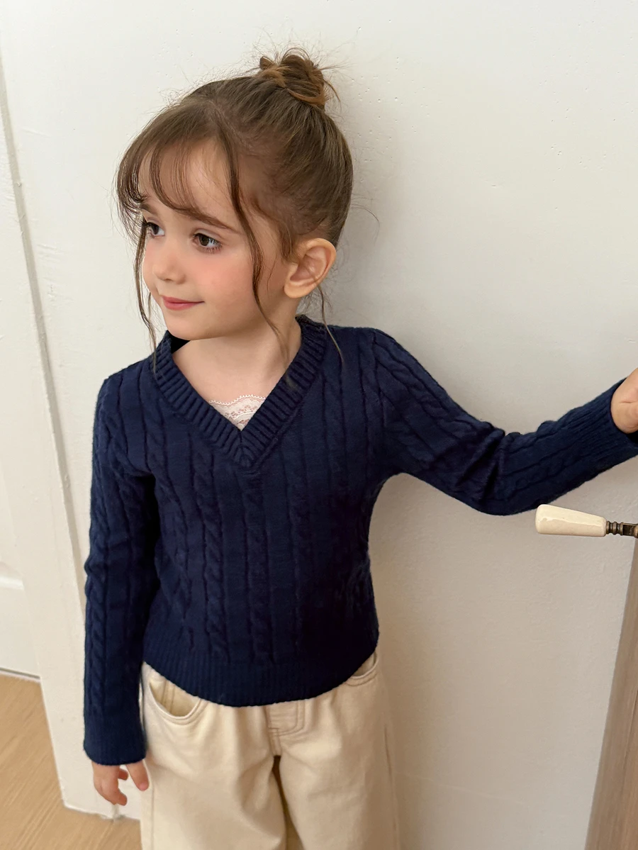 Hapijoa Young Girl Solid Color V-Neck Long Sleeve Cable Knit Sweater - Navy Blue - View 1