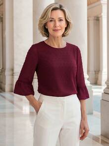 EMERY ROSE Middle-Aged And Elderly Women Round Neck Flare Sleeve Fashion Blouse - Red - View 3