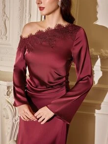 Vintamour Women's Solid Color Contrast Lace Asymmetrical Shoulder Long Sleeve Elegant Dress - Burgundy - View 7