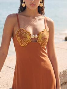 CAJUNI Women's Embroidered Beach Metal Shell Decor Spaghetti Strap Dress - Rust Brown - View 1