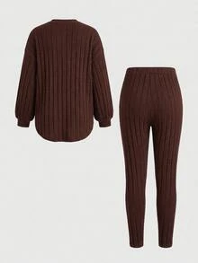 SHEIN 女童素色落肩羅紋針織T恤與內搭褲套裝 - 咖啡棕 - 查看 2