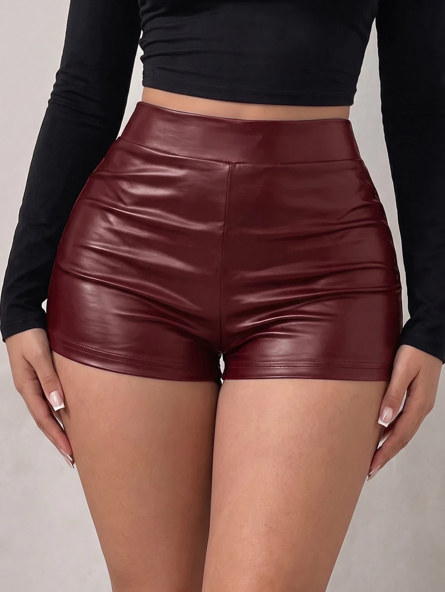 SHEIN SXY High Waist PU Leather Straight Leg Shorts - Burgundy - View 1