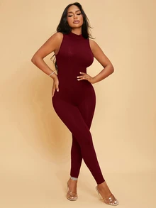 SHEIN SXY Women's Solid Color Casual Everyday Jumpsuit - Burgundy - View 1