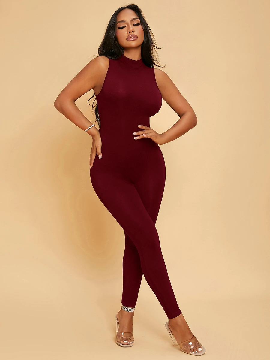 SHEIN SXY Women's Solid Color Casual Everyday Jumpsuit - Burgundy - View 1
