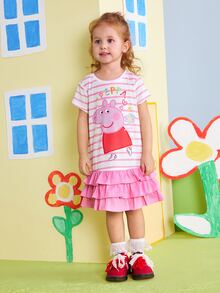 Peppa Pig X SHEIN Young Girl Striped Print Round Neck Short Sleeve Ruffle Hem Cute Dress Peppa Pig - Pink - View 6