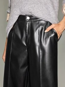 Anewsta Essential Elegant Black PU Straight Leg Ankle Pants With Center Seam For Women, Spring/Autumn Weekend Party - Black - View 5