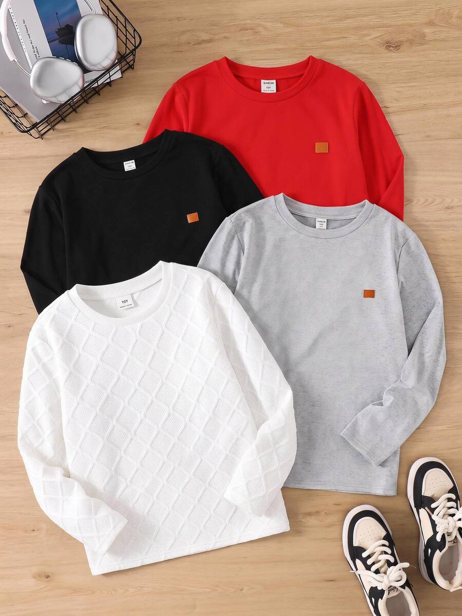 SHEIN تي شيرت كاجوال يومي بأكمام طويلة وياقة دائرية للأولاد المراهقين - أبيض - مشاهدة 1