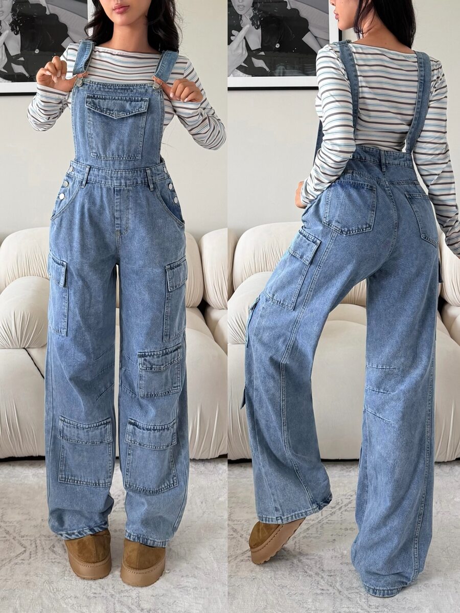 Rivivi Women's Button Design Cargo Pocket Wide Leg Casual Denim Overalls - Blue - View 1