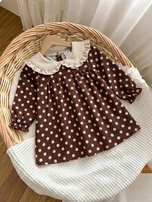 SHEIN Newborn Vintage Brown Plaid Dress With White Lace Peter Pan Collar And Ruffle Cuffs - Multicolor - View 5