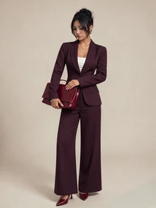 SHEIN PETITE 優雅兩件式套裝，單排扣西裝外套與西裝褲套組，秋季通勤辦公商務企業穿著，適合嬌小女性 - 紫紅色 - 查看 3