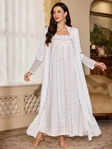 PalaceNights Vintage Palace Romantic Women's Robe + Camisole Long Nightgown 2 Pieces Set - White - View 5