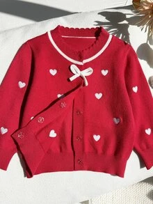 Baby Girl Embroidery Heart Pattern Bow Front Sweater - Red - View 7