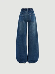SHEIN Girlism 青少年女孩口袋寬腿寬鬆休閒牛仔褲 - 深色水洗藍 - 查看 2