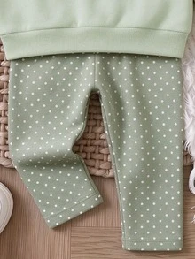 Baby Girls Heart Patchwork Sweatshirt & Straight Pants Set, Cream & Brown, Polka Dot (2 Pcs) Fall Winter - Multicolor - View 3